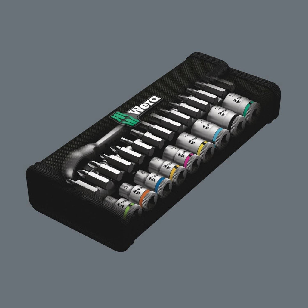 Wera 8100 Sa 7 Zyklop Metal Ratchet Set With Push-Through Square, 1/4-in. Drive, Metric, 28-Pieces