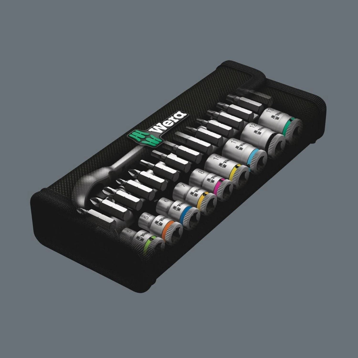 Wera 8100 Sa 7 Zyklop Metal Ratchet Set With Push-Through Square, 1/4-in. Drive, Metric, 28-Pieces
