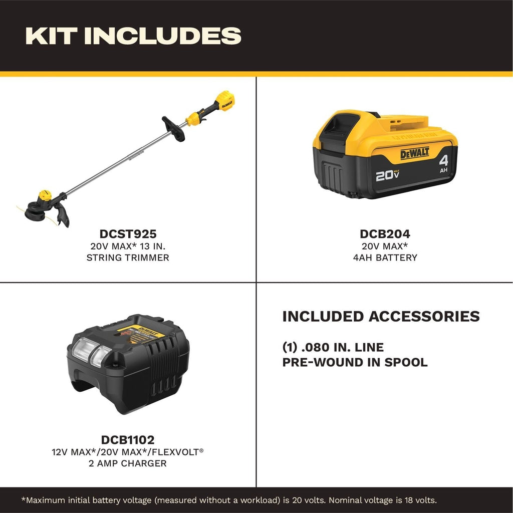 DEWALT 20V MAX 13-in. Cordless Straight String Trimmer 4.0Ah Kit with Battery and Charger (DCST925M1)
