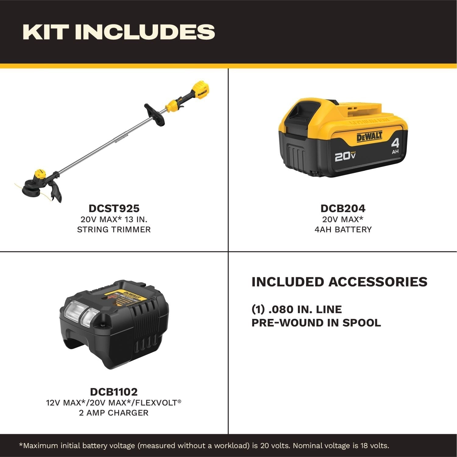 DEWALT 20V MAX 13-in. Cordless Straight String Trimmer 4.0Ah Kit with Battery and Charger (DCST925M1)