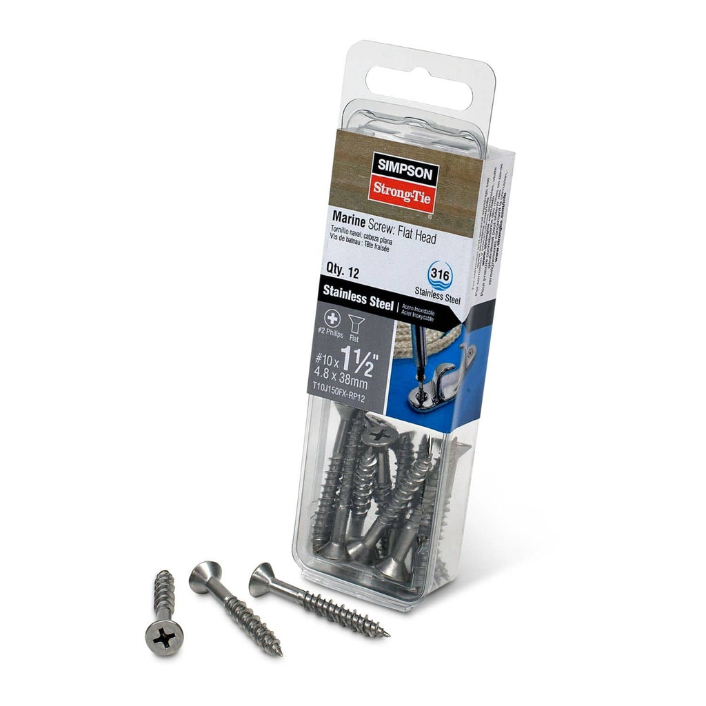 Simpson Strong-Tie T10J150FX-RP12 Marine Screw, Flat Head, #10 x 1-1/2-in. #2 Phillips Drive, Type 316, 12-Pack
