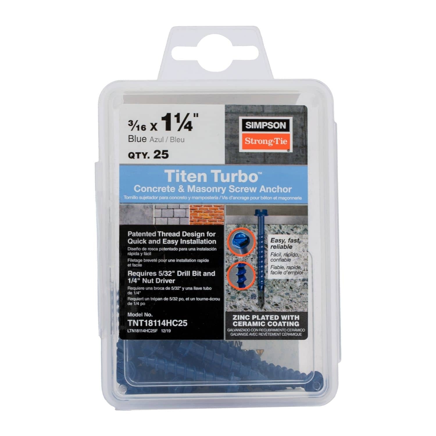 Simpson Strong-Tie TNT18114H Titen Turbo, 3/16-in. x 1-1/4-in. Hex-Head Concrete and Masonry Screw, Blue, 100-Pack