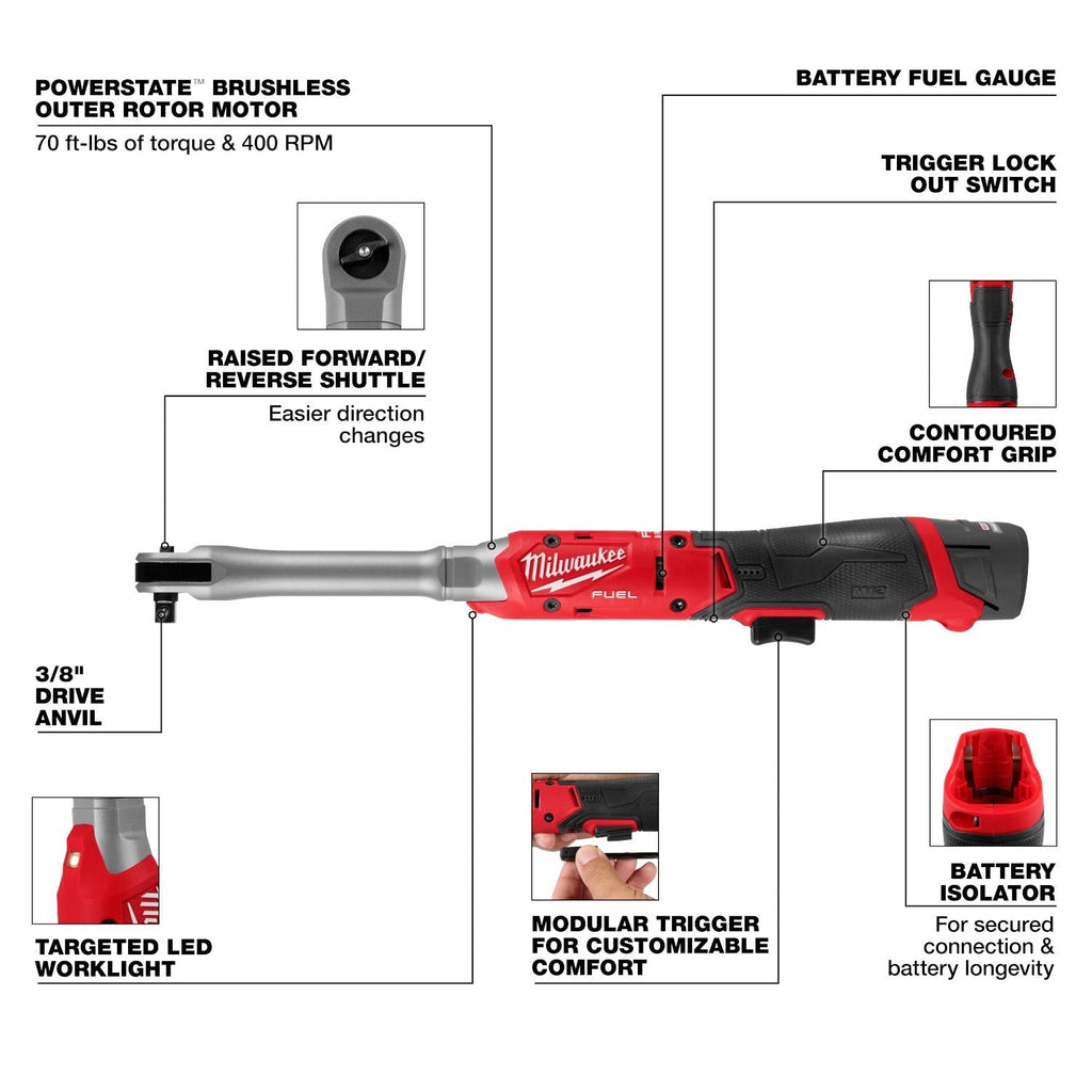 Milwaukee M12 FUEL 3/8-in. Extended Reach Ratchet 2.5Ah Kit (3059-21)