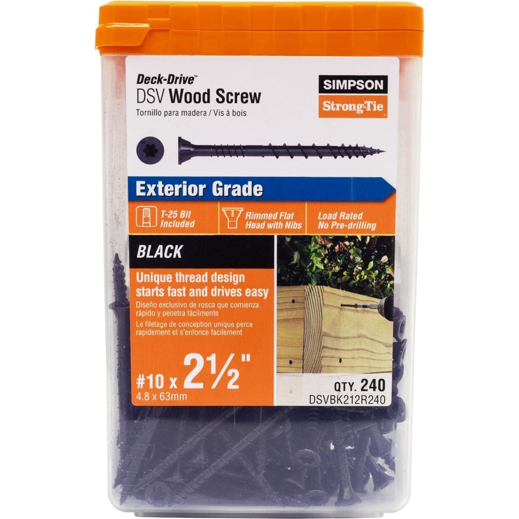 Simpson Strong-Tie DSVBK212R240 Deck-Drive DSV WOOD Screw, #10 x 2-1/2-in. T25, Flat Head, Quik Guard, Black, 240-Pack