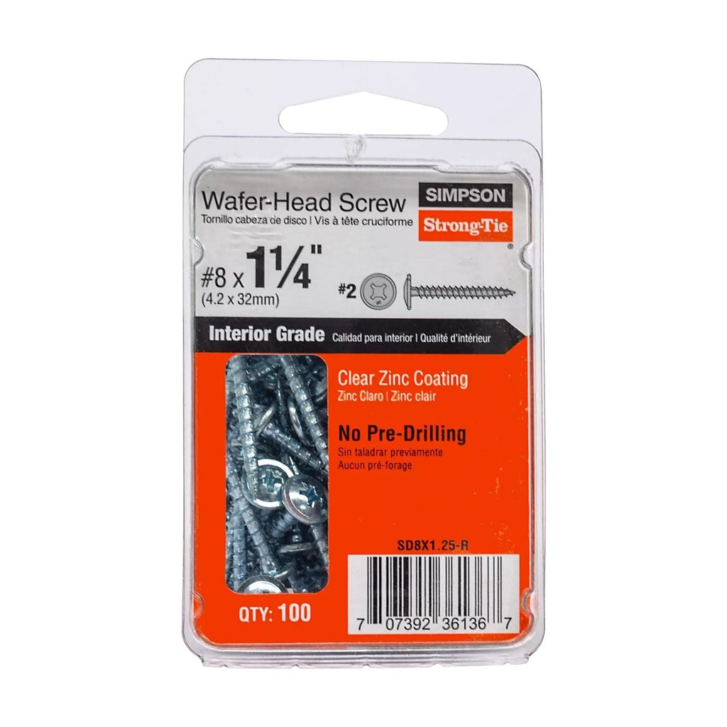 Simpson Strong-Tie SD8X1.25-R Wafer-Head Screw, #8 x 1-1/4-in. #2 Phillips, Clear Zinc Coating, 100-Pack