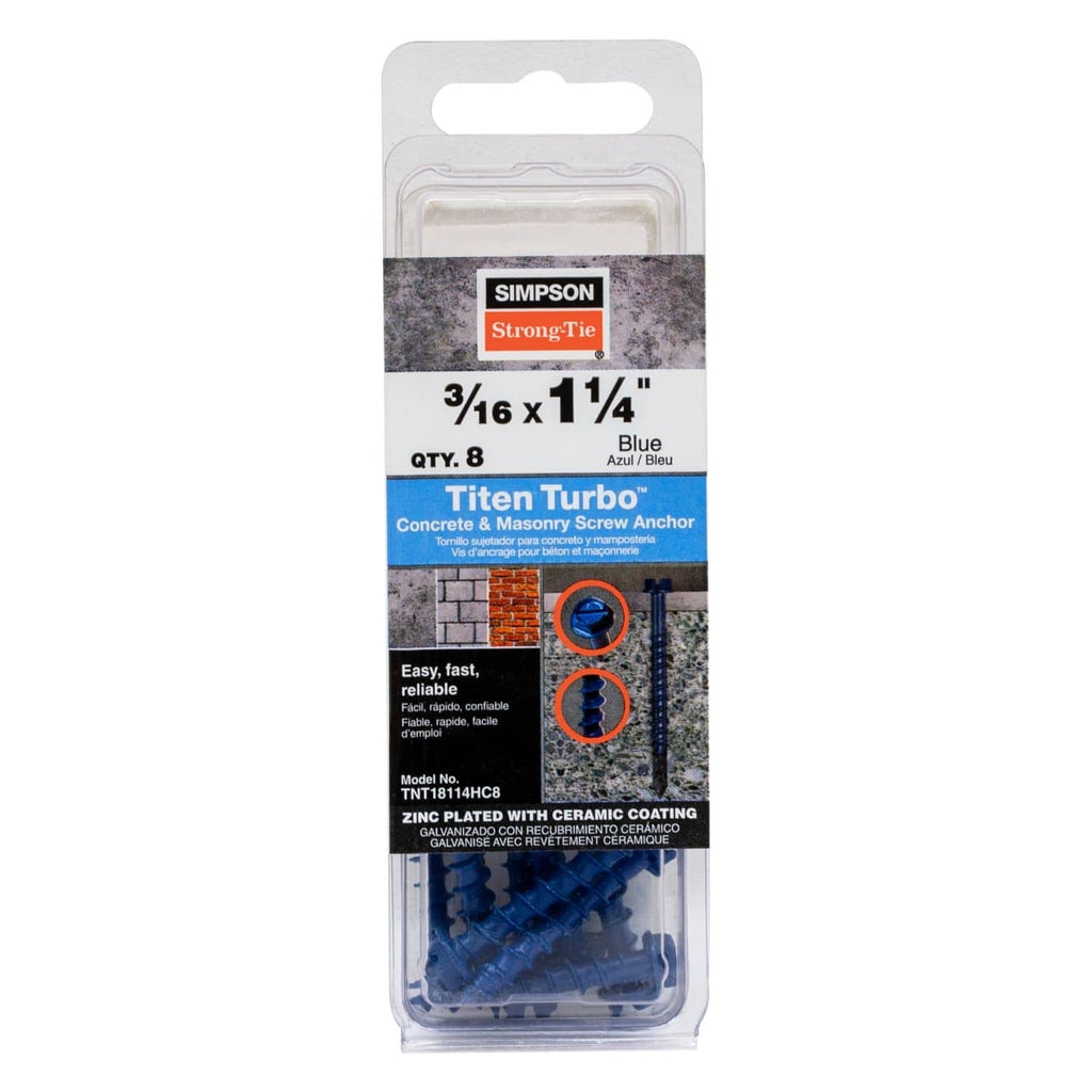 Simpson Strong-Tie TNT18114HC8 Titen Turbo, 3/16-in. x 1-1/4-in. Hex-Head Concrete and Masonry Screw, Blue, 8-Pack