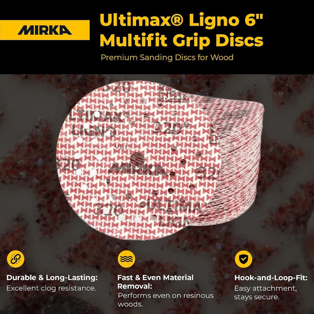 Mirka Ultimax Ligno 6-in. 40 Grit Hook and Loop Sanding Discs for Wood, 50-Pack (UL-6MF-040)