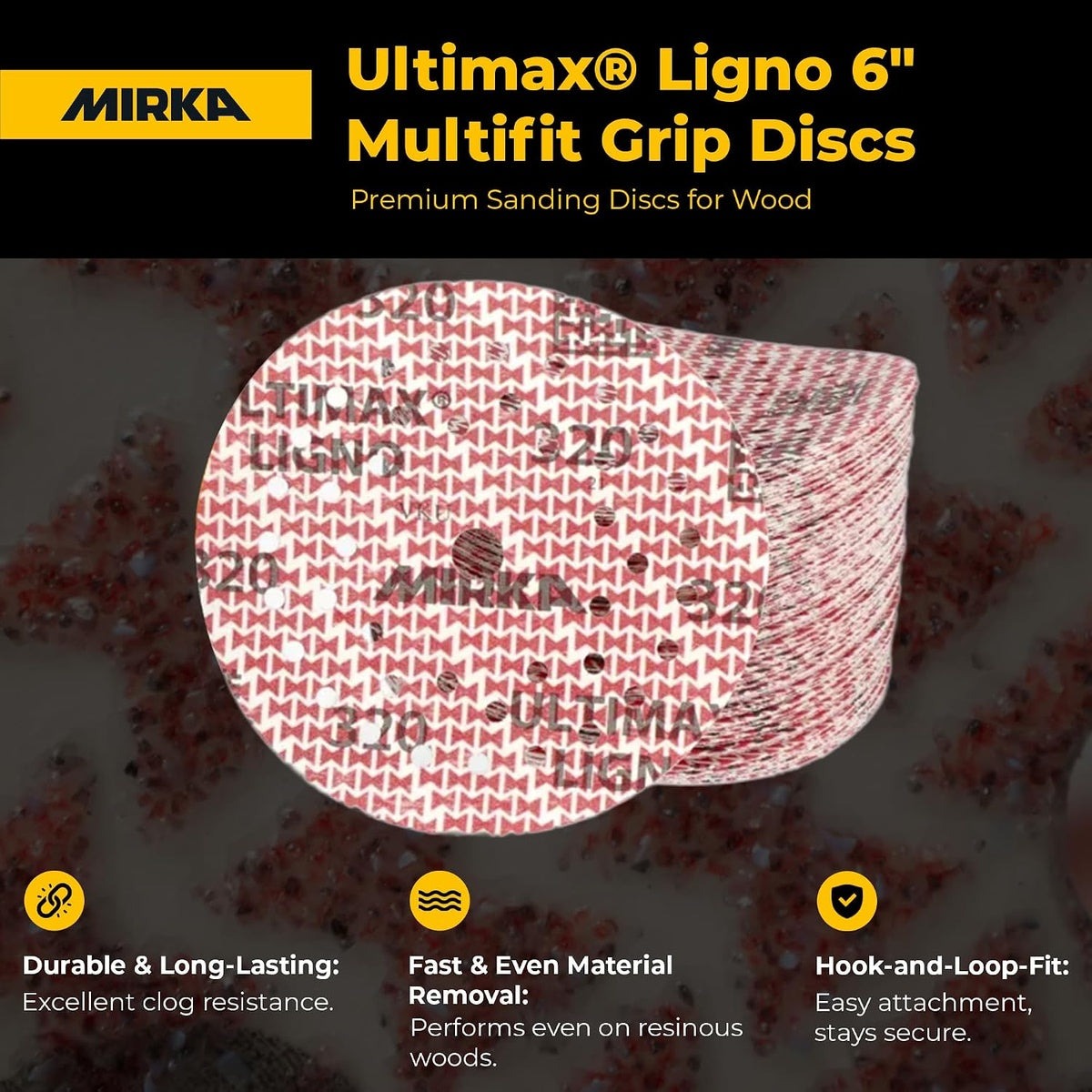 Mirka Ultimax Ligno 6-in. 40 Grit Hook and Loop Sanding Discs for Wood, 50-Pack (UL-6MF-040)
