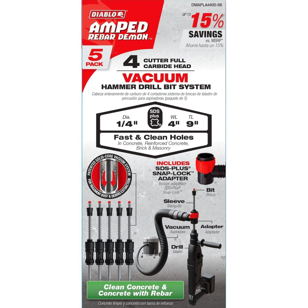 Diablo DMAPLA4400-S6 1/4-in. x 4-in. x 9-in. AMPED Rebar Demon SDS-Plus 4-Cutter Full Carbide Head Dust Extraction Hammer Drill Bit, 5-Pack
