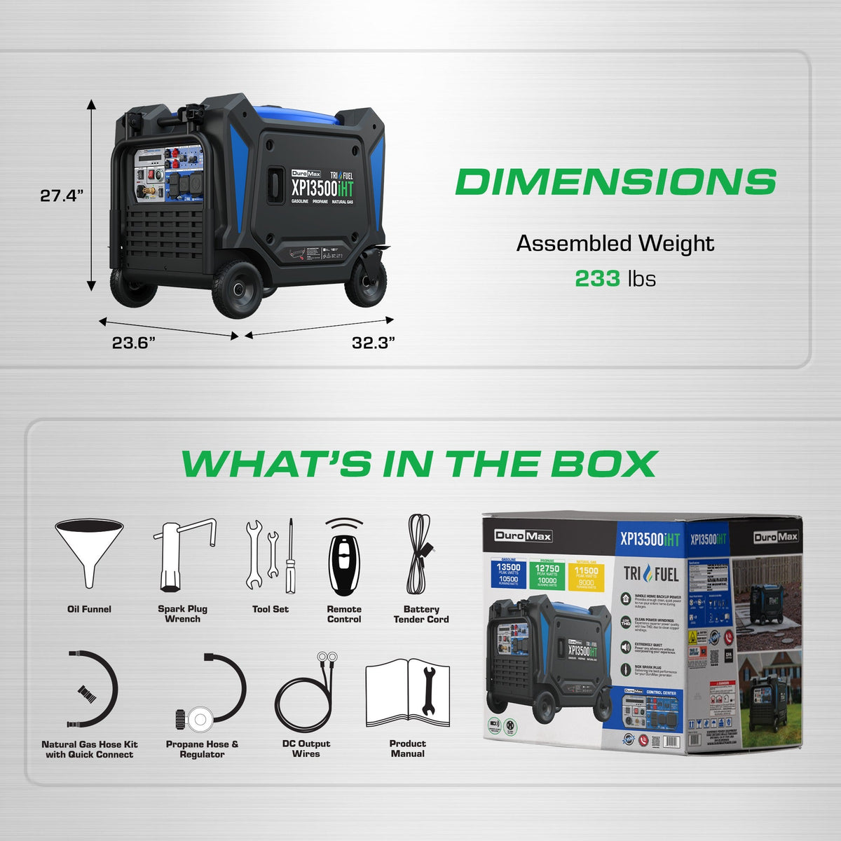DuroMax XP13500iHT 13,500-Watt 550cc Tri-Fuel Portable Inverter Generator with CO Alert (XP13500iHT)