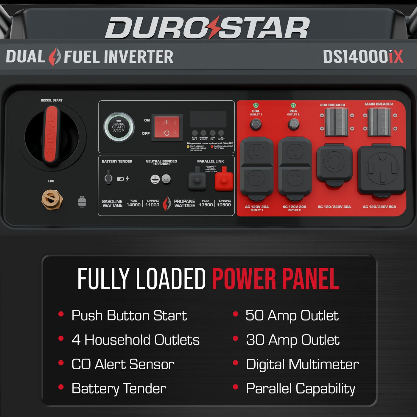 DuroStar DS14000iX 14,000 Watt Dual Fuel Open Frame Digital Inverter Generator