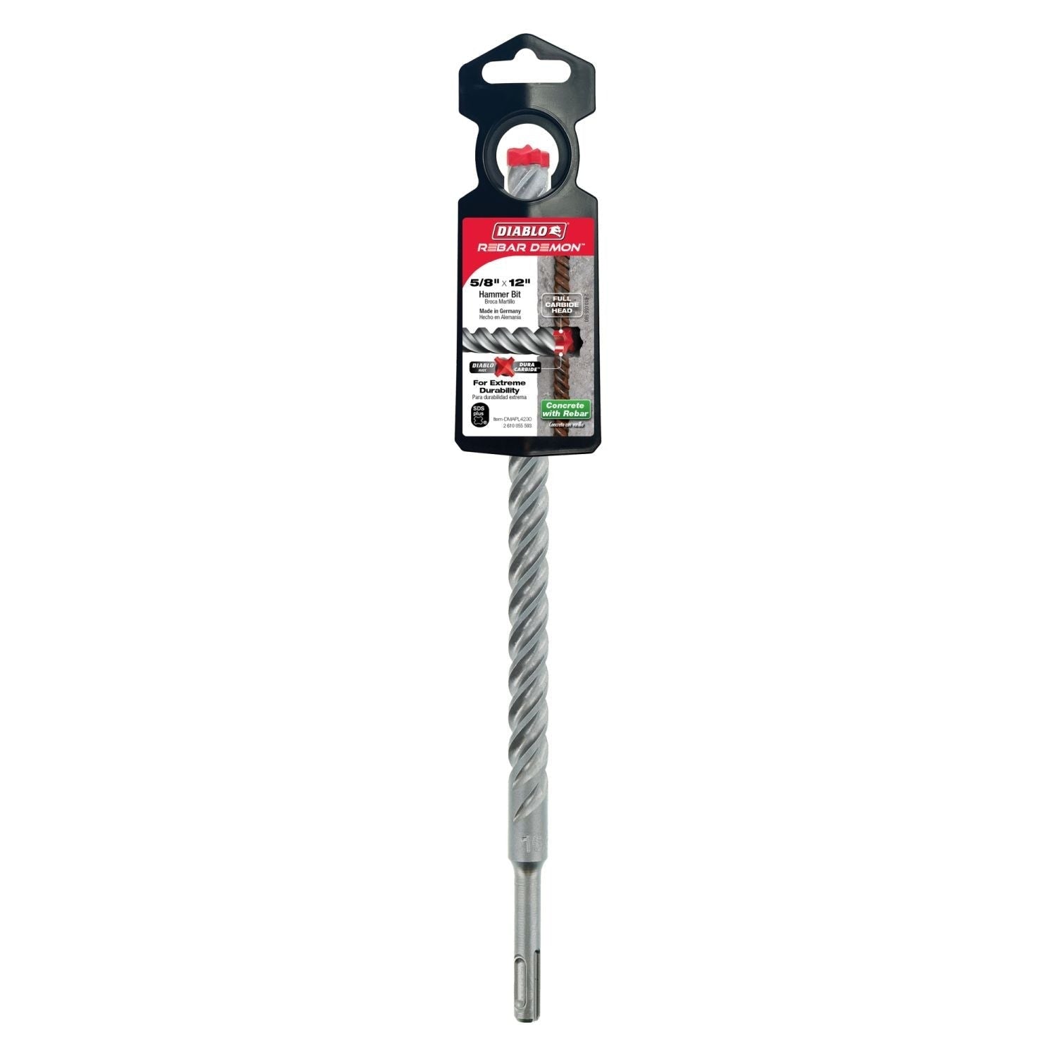 Diablo DMAPL4230 5/8-in. x 10-in. x 12-in. Rebar Demon SDS-Plus 4-Cutter Full Carbide Head Hammer Drill Bit