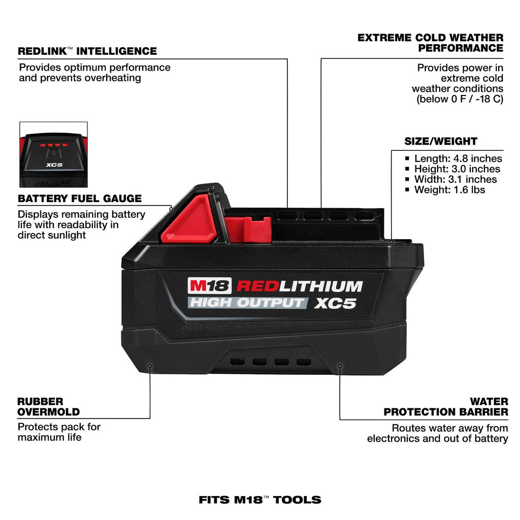 Milwaukee M18 REDLITHIUM HIGH OUTPUT XC5 5.0Ah Tabless Battery (48-11-1855)