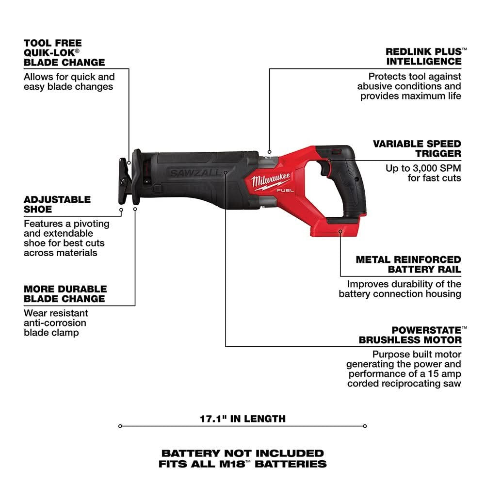 Milwaukee 2821-20 M18 FUEL SAWZALL Recip Saw, Tool Only