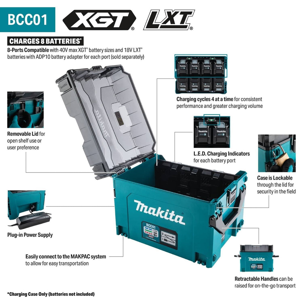 Makita BCC01 40V max XGT and 18V LXT 8-Port Charging Case