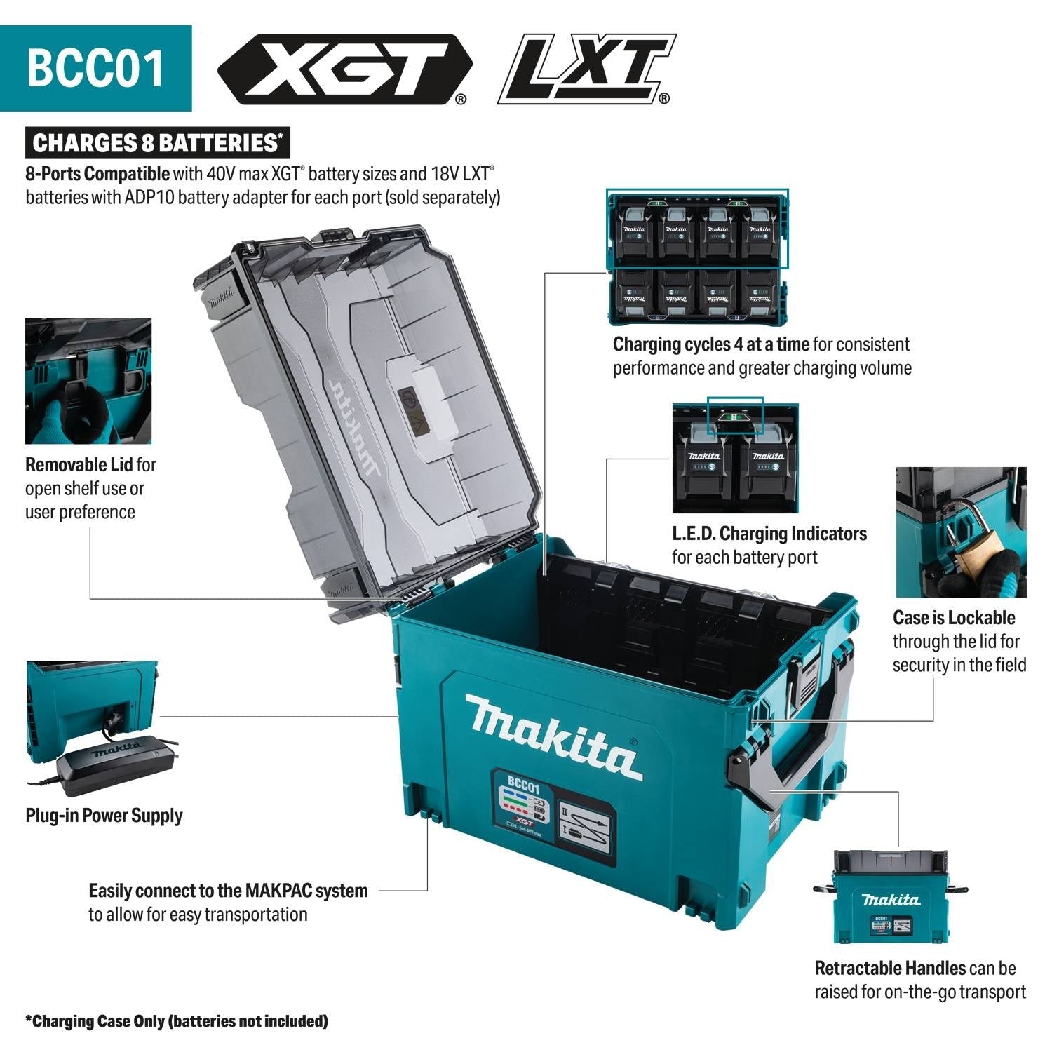 Makita BCC01 40V max XGT and 18V LXT 8-Port Charging Case