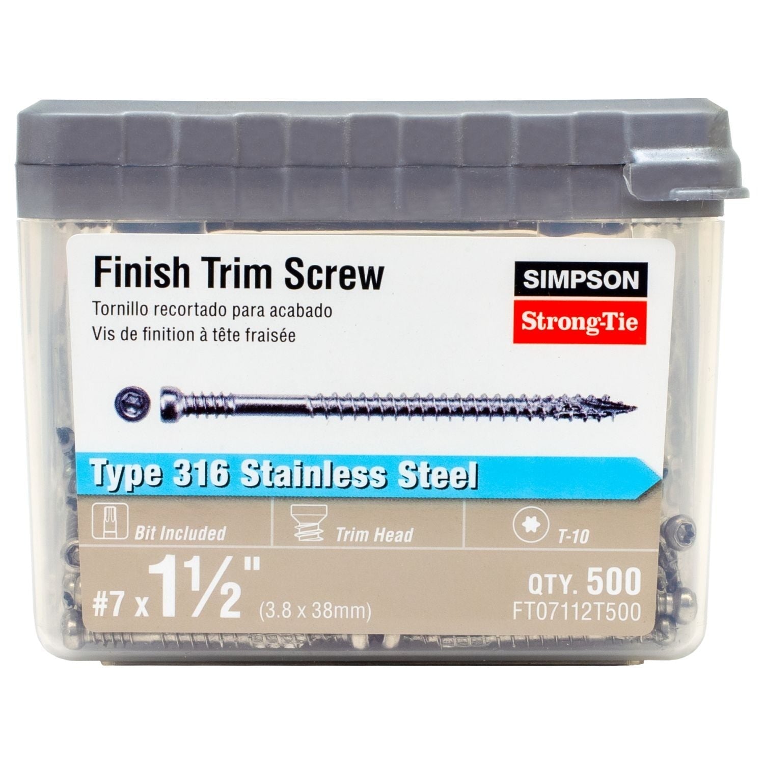 Simpson Strong-Tie FT07112T500 Finish Trim Screw, #7 x 1-1/2-in. T10, Trim-Head, Type 316, 500-Pack
