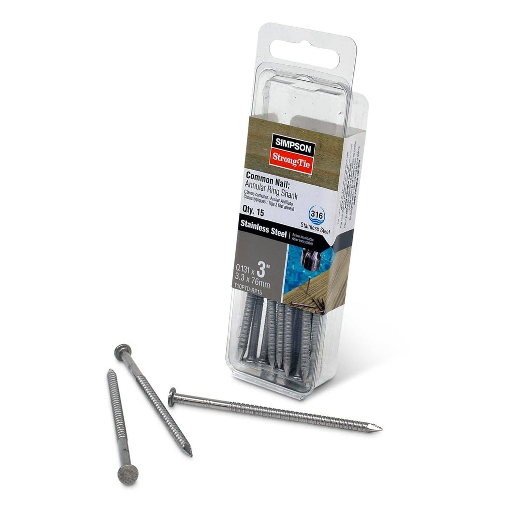 Simpson Strong-Tie T10PTD-RP15 Preservative-Treated Wood Decking Nail, Ring Shank, 3-in. x .131-in. Type 316, 15-Pack