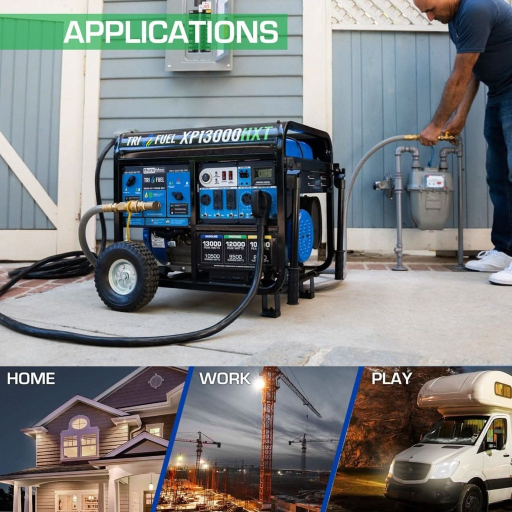 DuroMax XP13000HXT 13000-Watt 500cc Tri Fuel Gas Propane Natural Gas Portable Generator with CO Alert