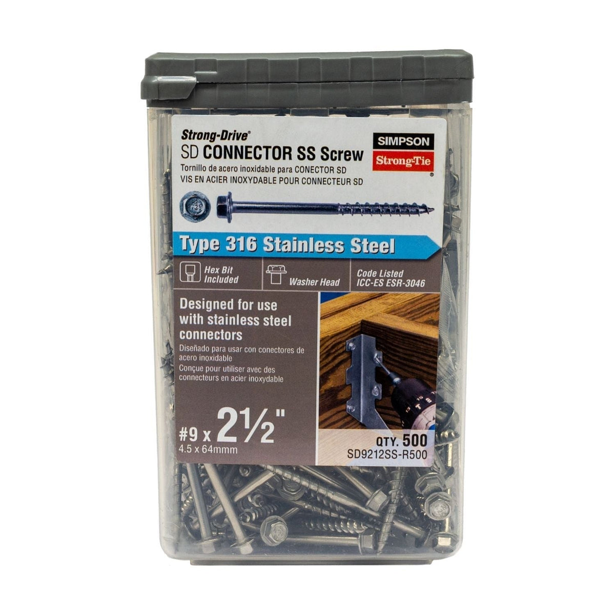 Simpson Strong-Tie SD9212SS-R500 Strong-Drive SD CONNECTOR SS Screw, #9 x 2-1/2-in. 1/4-Hex Drive, Type 316, 500-Pack