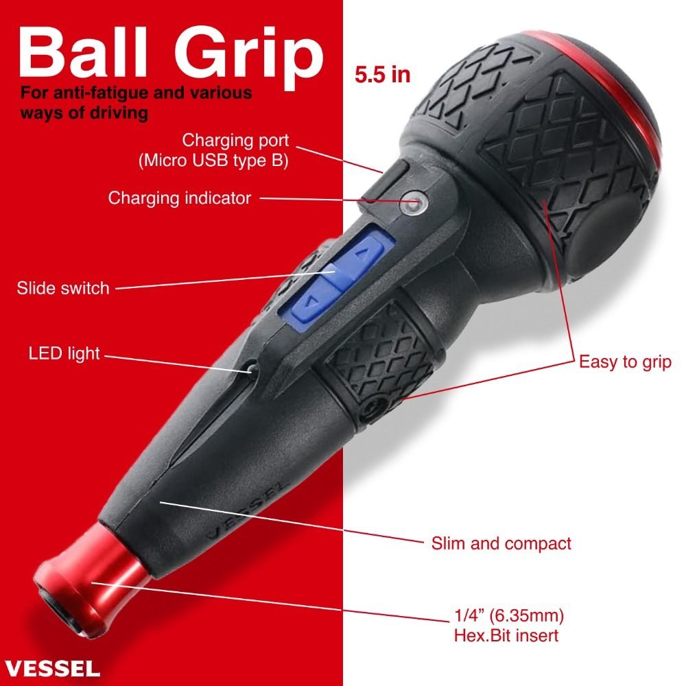 Vessel 220USB1U "Power Promotion" e-Assist USB Rechargeable Screwdriver w/ 11-Pc Bit Set + Ball Grip Holder