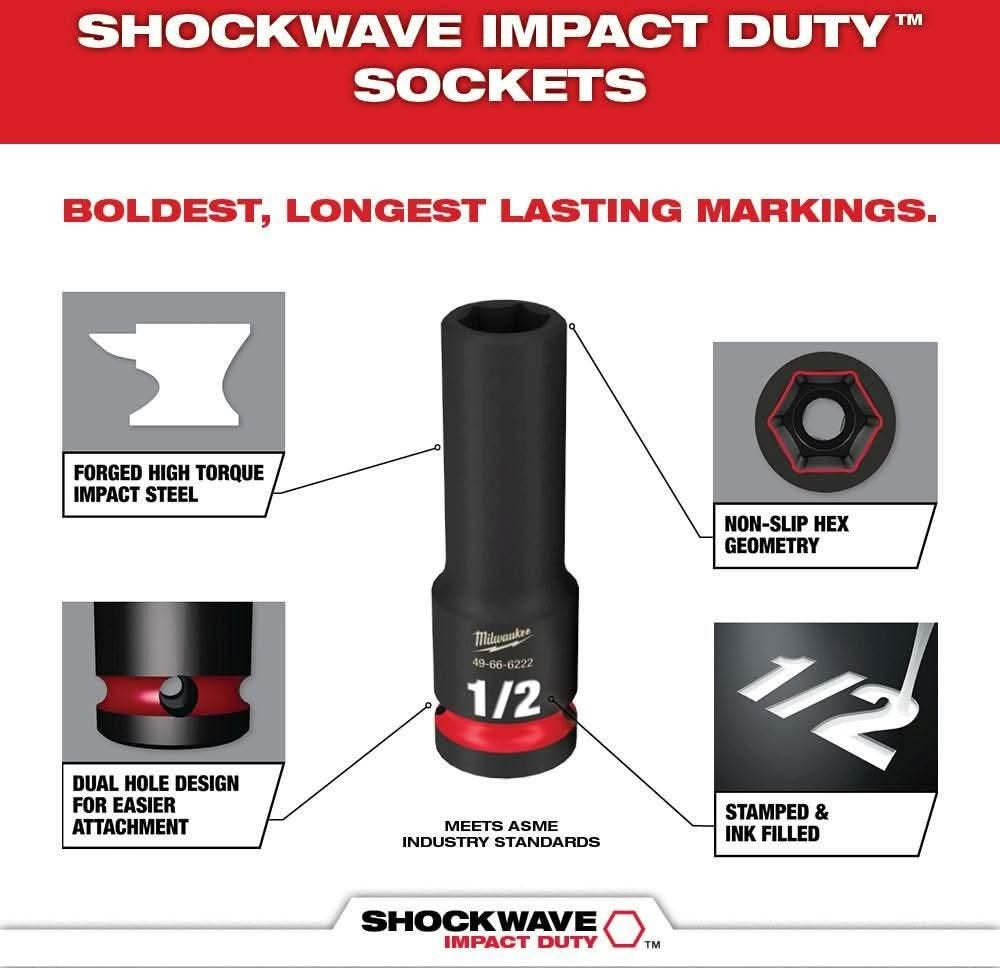 Milwaukee 49-66-7001 10-Piece SHOCKWAVE 1/4-Inch SAE Deep 6-Point Impact Duty Socket Set