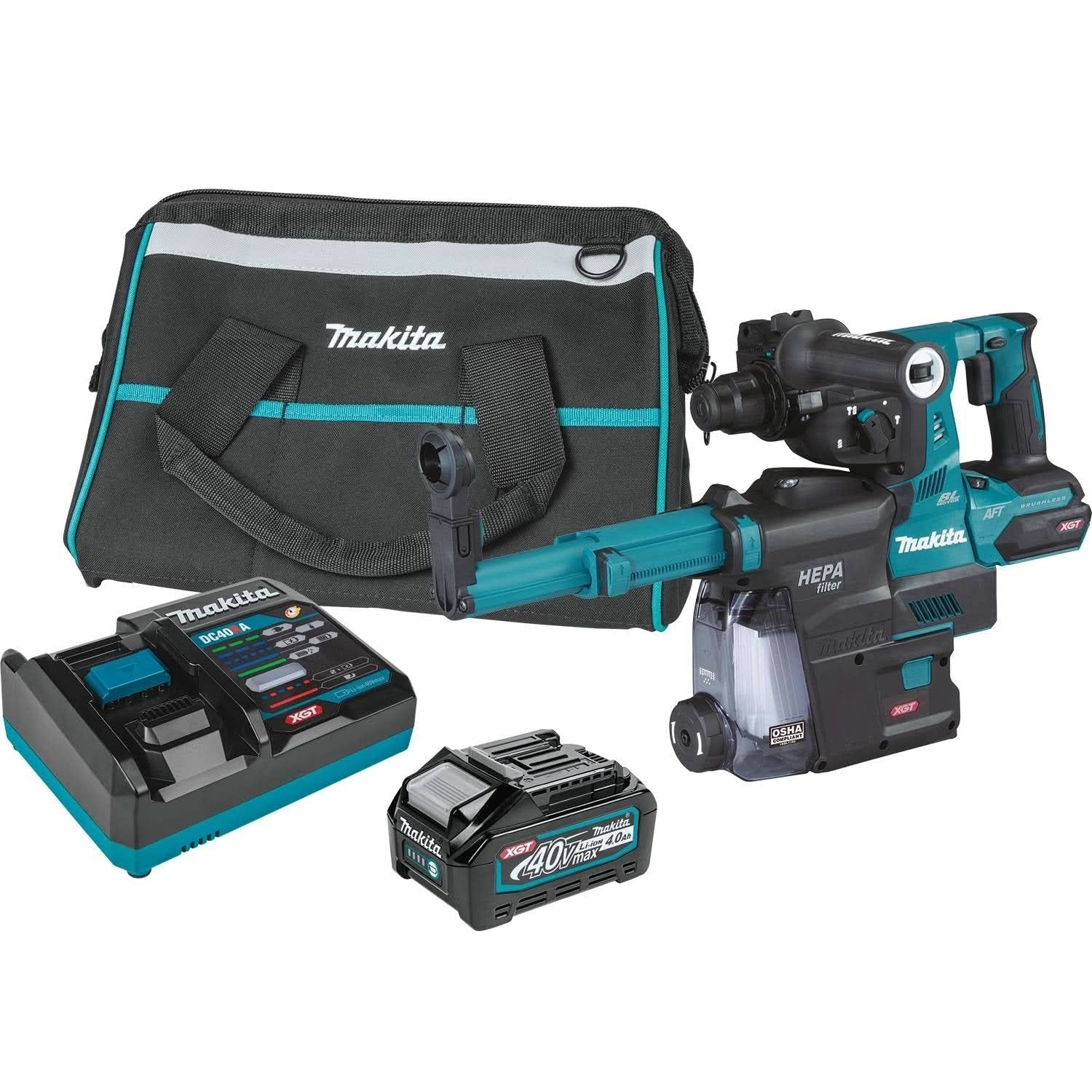 Makita GRH01M1W 40V max XGT Brushless Cordless 1-1/8" SDS-PLUS AVT Rotary Hammer Kit w/ Dust Extractor, AFT, AWS Capable (4.0Ah)