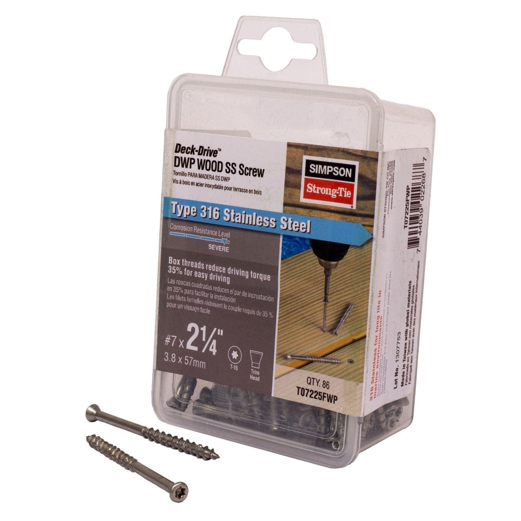 Simpson Strong-Tie T07225FWP Deck-Drive DWP WOOD SS Screw, #7 x 2-1/4-in. T-15, Trim Head, Type 316, 86-Pack
