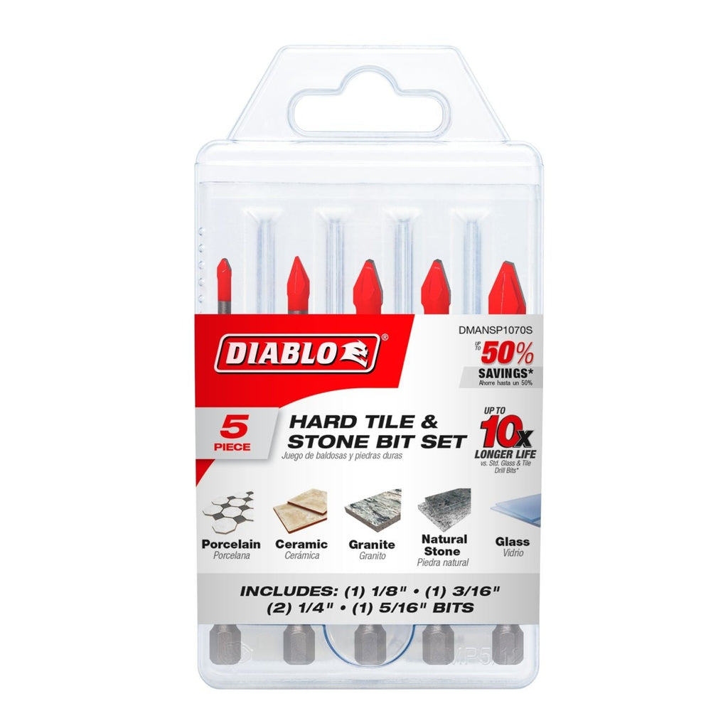 Diablo DMANSP1070S Diablo Hard Tile & Stone Carbide Tipped Drill Bit Set, 5-Piece