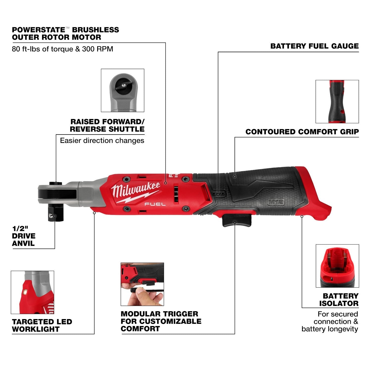 Milwaukee 3054-20 M12 FUEL Brushless 1/2-in. Ratchet, Tool Only