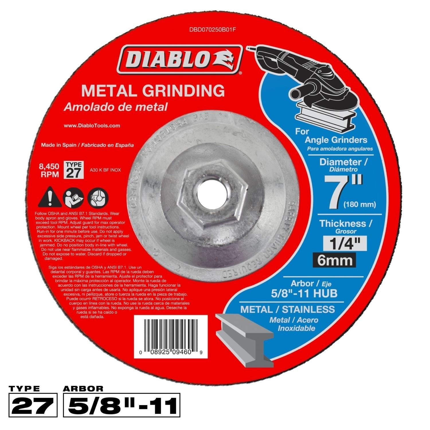 Diablo DBD070250B01F 7 Inch Metal Grinding Disc - Type 27 HUB
