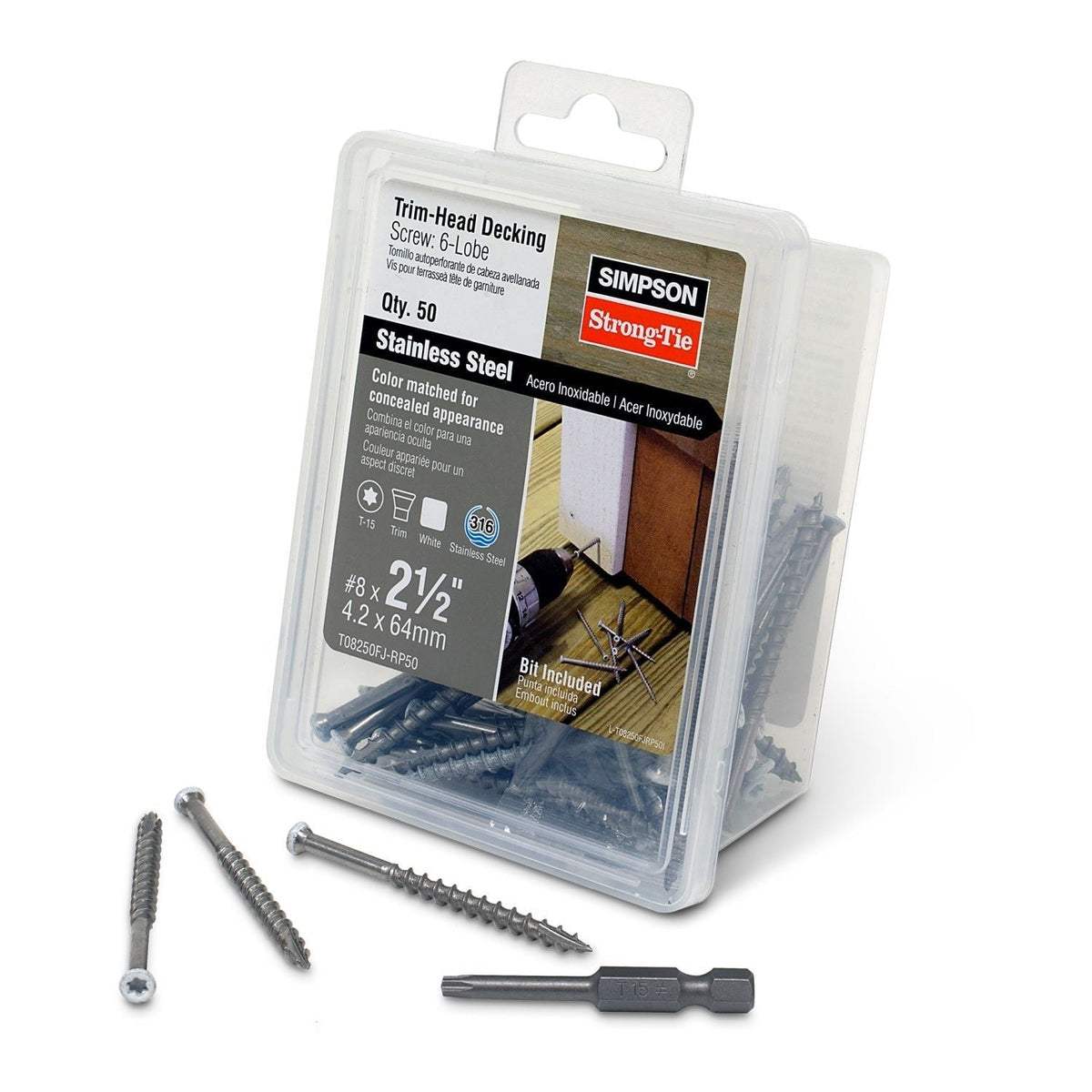Simpson Strong-Tie T08250FJ-RP50 Trim-Head Screw, 6-Lobe Drive, #8 x 2-1/2-in. T-15 Type 316, White 01, 50-Pack