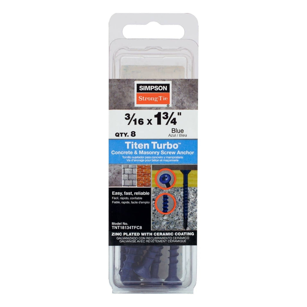 Simpson Strong-Tie TNT18134TFC8 Titen Turbo, 3/16-in. x 1-3/4-in. 6-Lobe Flat-Head Concrete and Masonry Screw, Blue, 8-Pack