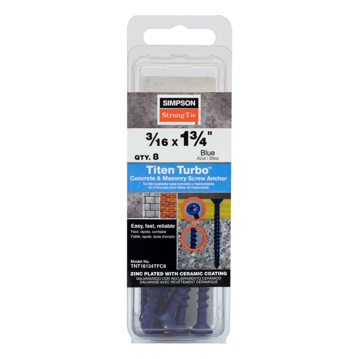 Simpson Strong-Tie TNT18134TFC8 Titen Turbo, 3/16-in. x 1-3/4-in. 6-Lobe Flat-Head Concrete and Masonry Screw, Blue, 8-Pack