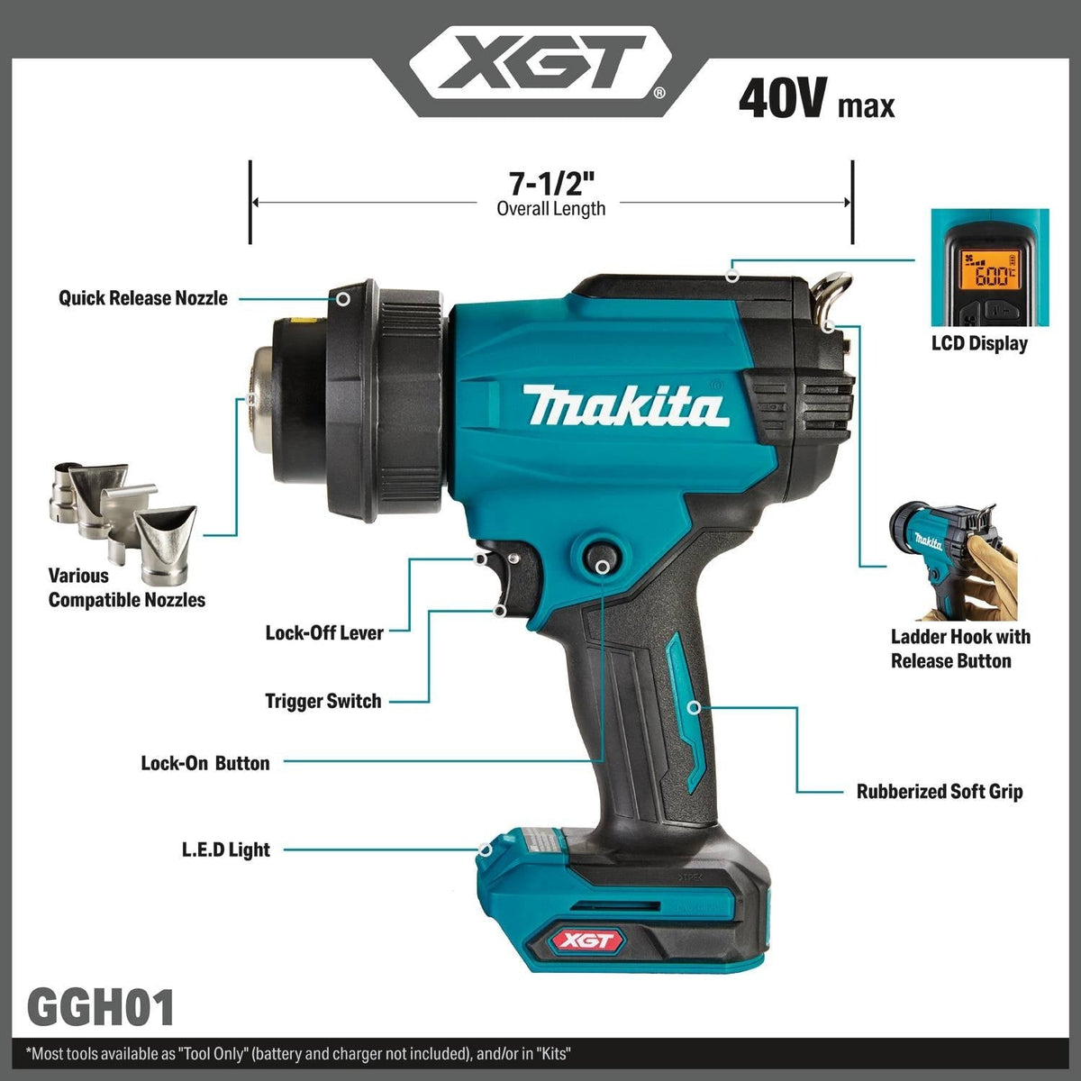 Makita GGH01Z 40V max XGT Variable Temperature Heat Gun, Tool Only