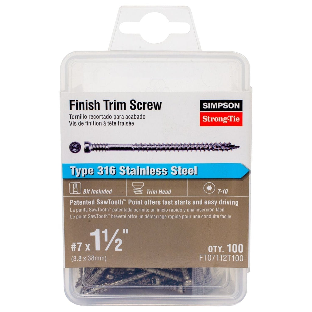 Simpson Strong-Tie FT07112T100 Finish Trim Screw, #7 x 1-1/2-in. T10, Trim-Head, Type 316, 100-Pack