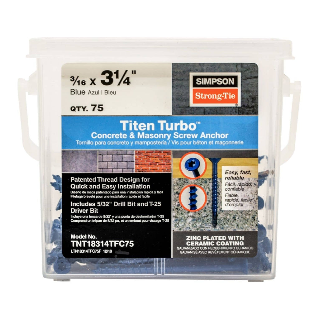 Simpson Strong-Tie TNT18314TFC75 Titen Turbo, 3/16-in. x 3-1/4-in. 6-Lobe Flat-Head Concrete and Masonry Screw, Blue, 75-Pack