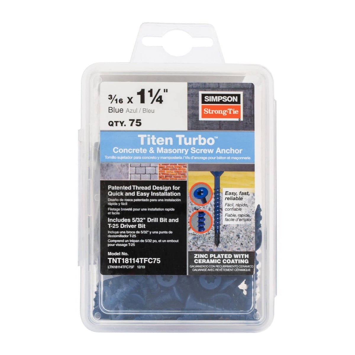 Simpson Strong-Tie TNT18114TFC75 Titen Turbo, 3/16-in. x 1-1/4-in. 6-Lobe Flat-Head Concrete and Masonry Screw, Blue, 75-Pack