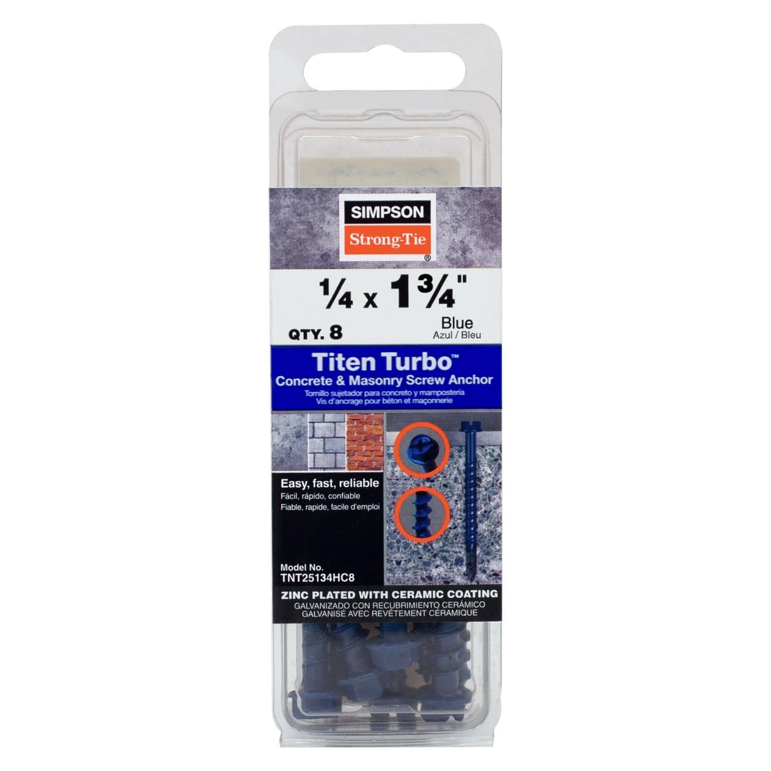 Simpson Strong-Tie TNT25134HC8 Titen Turbo, 1/4-in. x 1-3/4-in. Hex-Head Concrete and Masonry Screw, Blue, 8-Pack