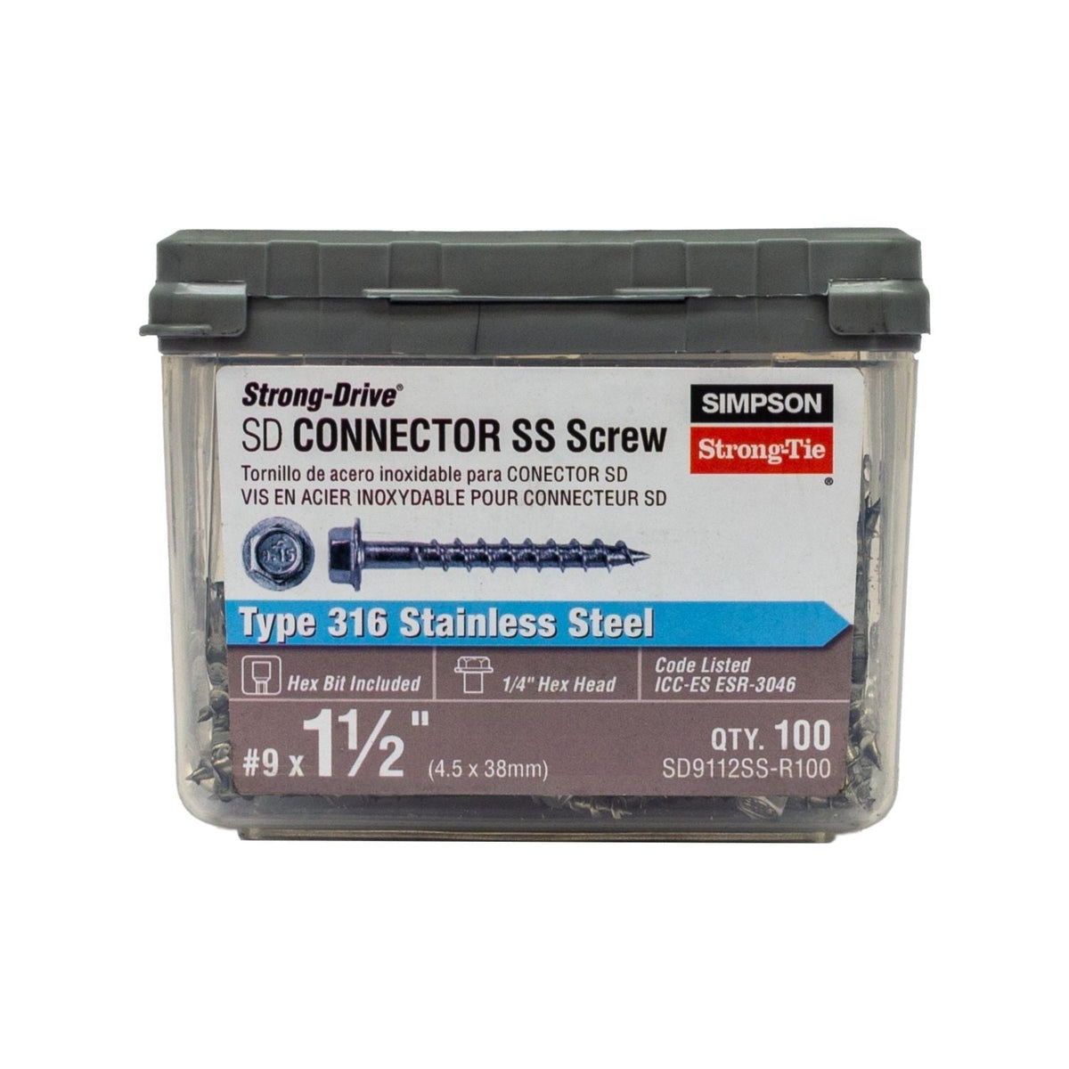 Simpson Strong-Tie Strong-Drive SD Connector SS Screw, #9 x 1-1/2-in. 1/4-Hex Drive, Type 316, 100-Pack (SD9112SS-R100)
