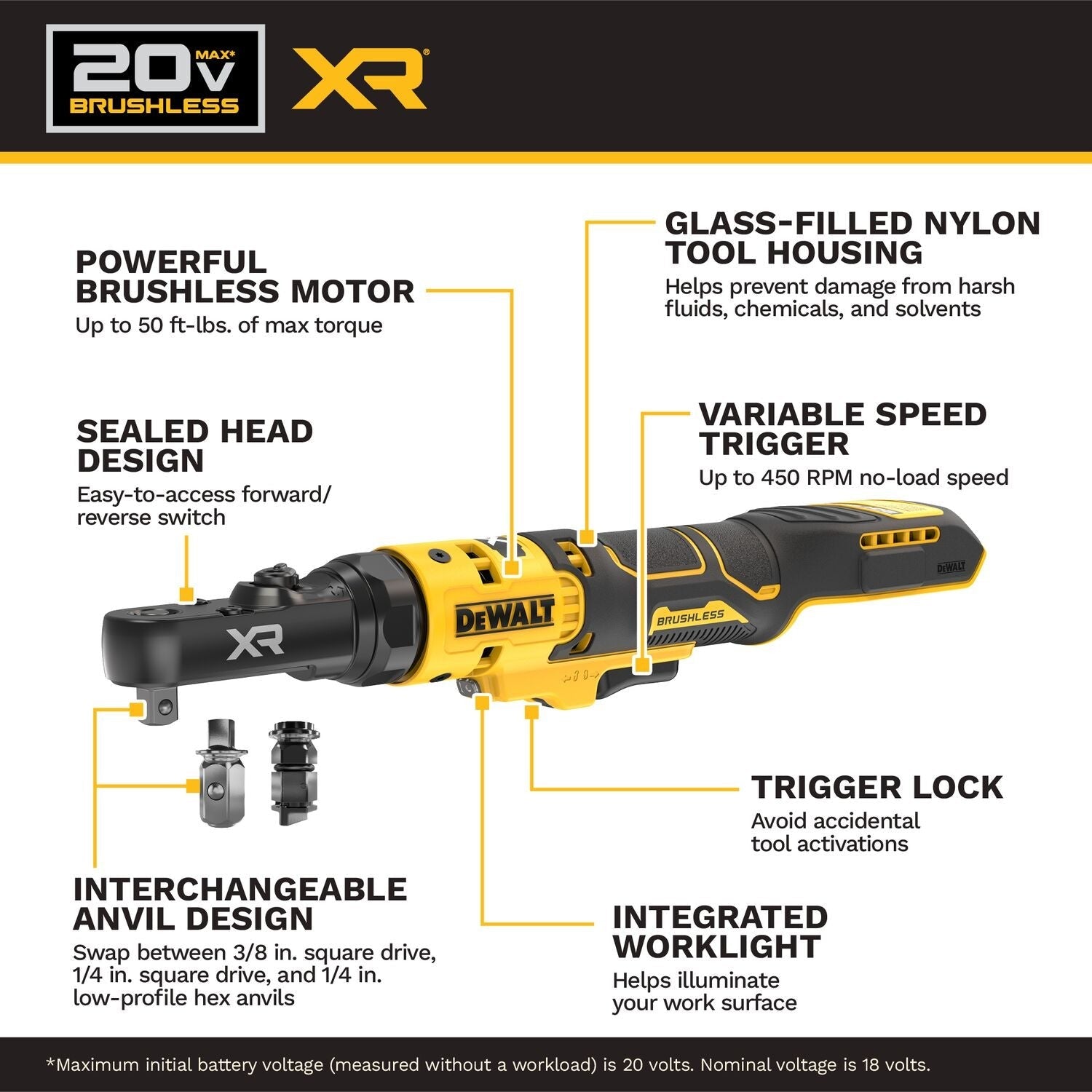 DeWALT DCF520B 20V MAX XR Brushless 1/4-in. & 3/8-in. Sealed Head Ratchet, Tool Only