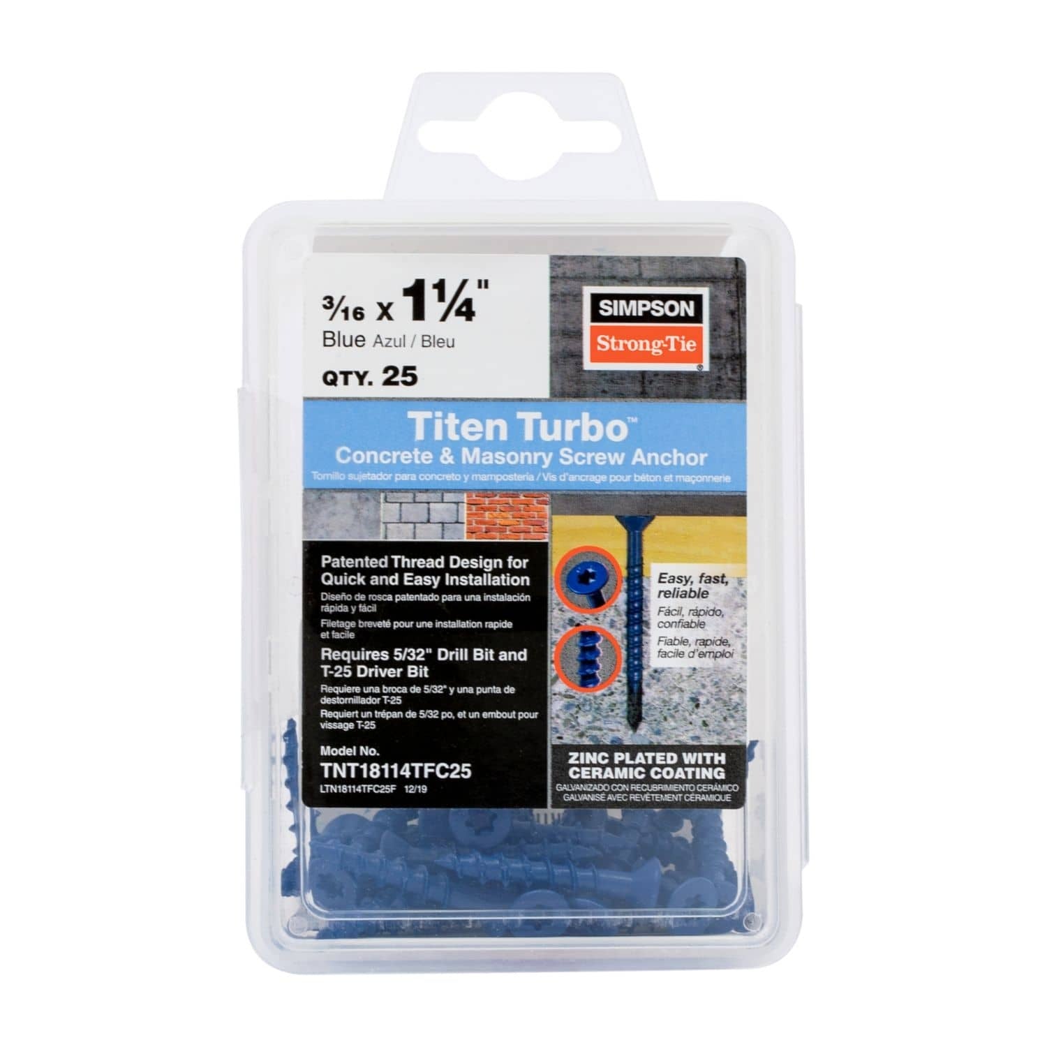 Simpson Strong-Tie TNT18114TF Titen Turbo, 3/16-in. x 1-1/4-in. 6-Lobe Flat-Head Concrete and Masonry Screw, Blue, 100-Pack