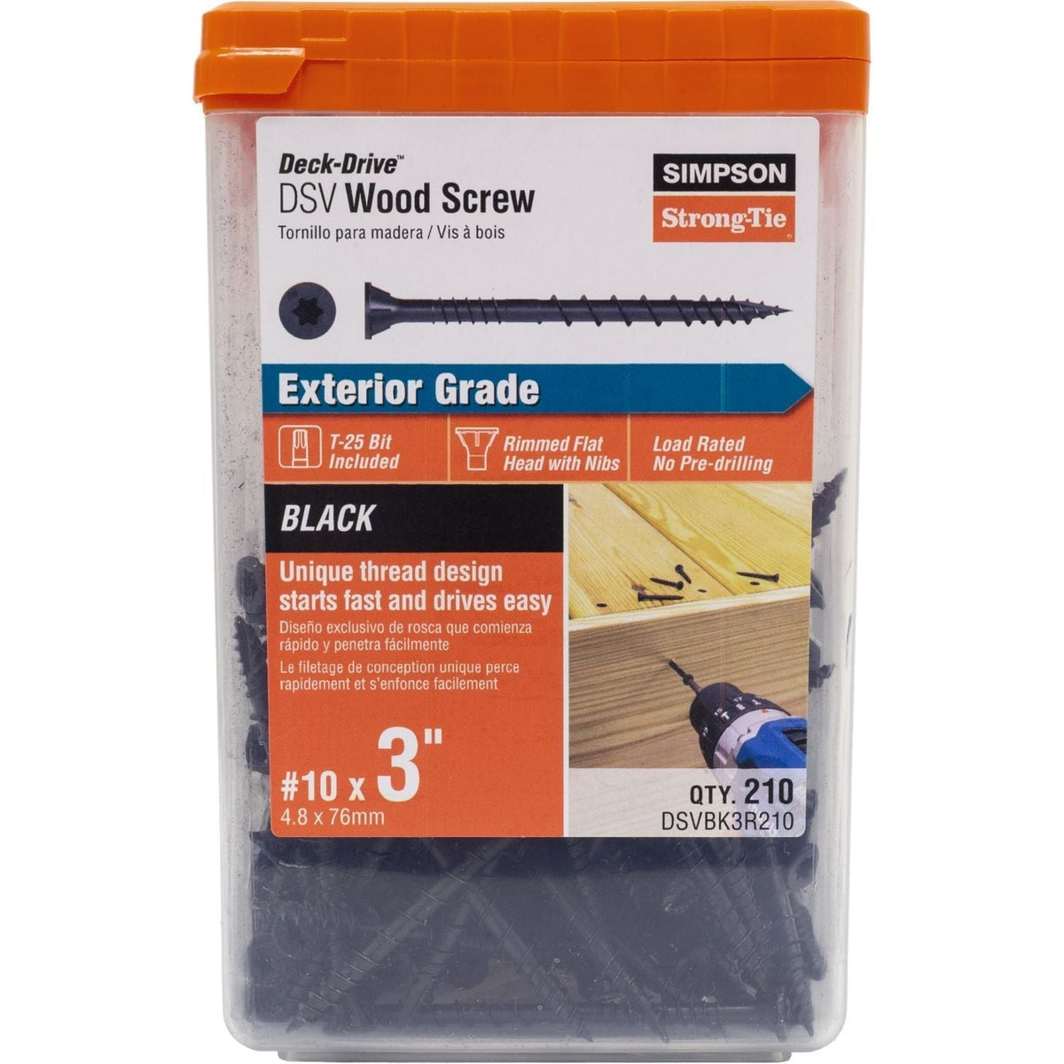 Simpson Strong-Tie DSVBK3R210 Deck-Drive DSV WOOD Screw, #10 x 3-in. T25, Flat Head, Quik Guard, Black, 210-Pack