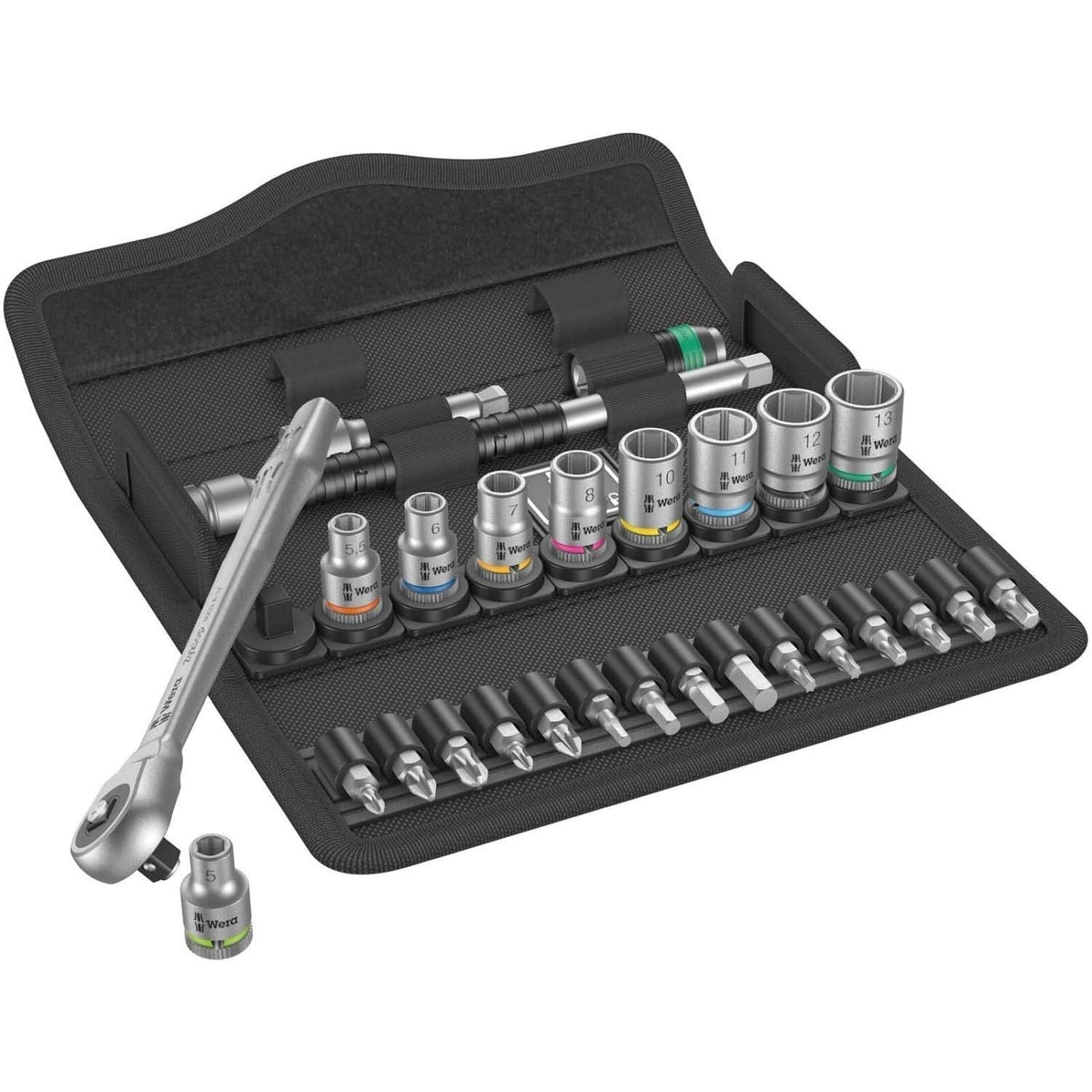Wera 8100 Sa 7 Zyklop Metal Ratchet Set With Push-Through Square, 1/4-in. Drive, Metric, 28-Pieces