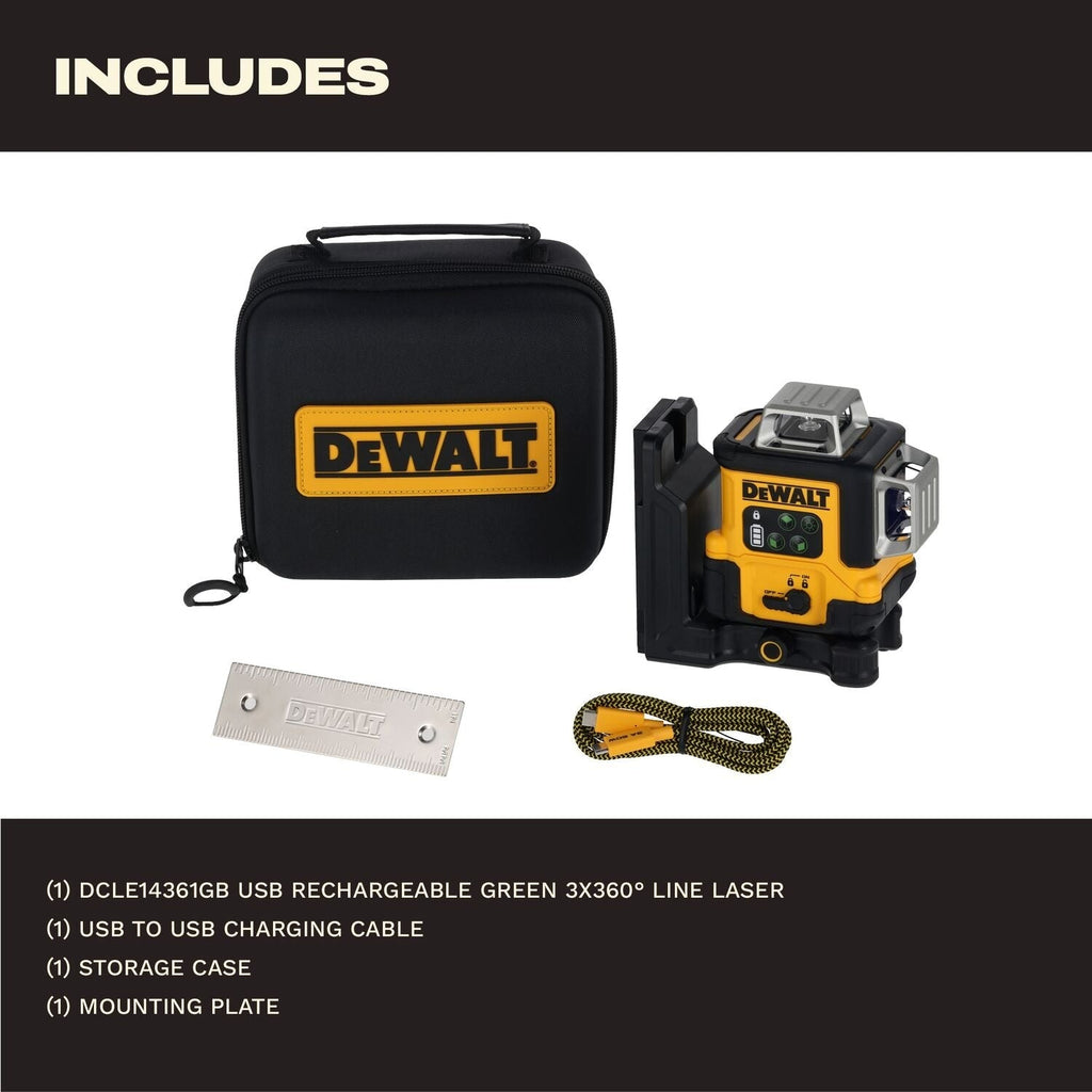 DeWALT DCLE14361GB USB-C Rechargeable 3x360° Green Line Laser Level