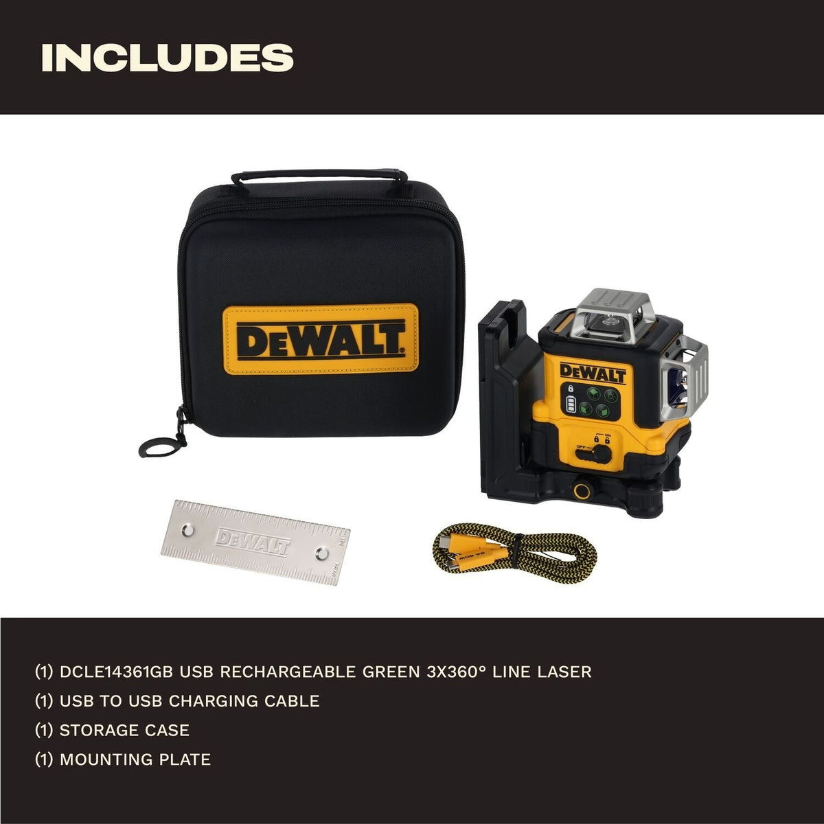 DeWALT DCLE14361GB USB-C Rechargeable 3x360° Green Line Laser Level