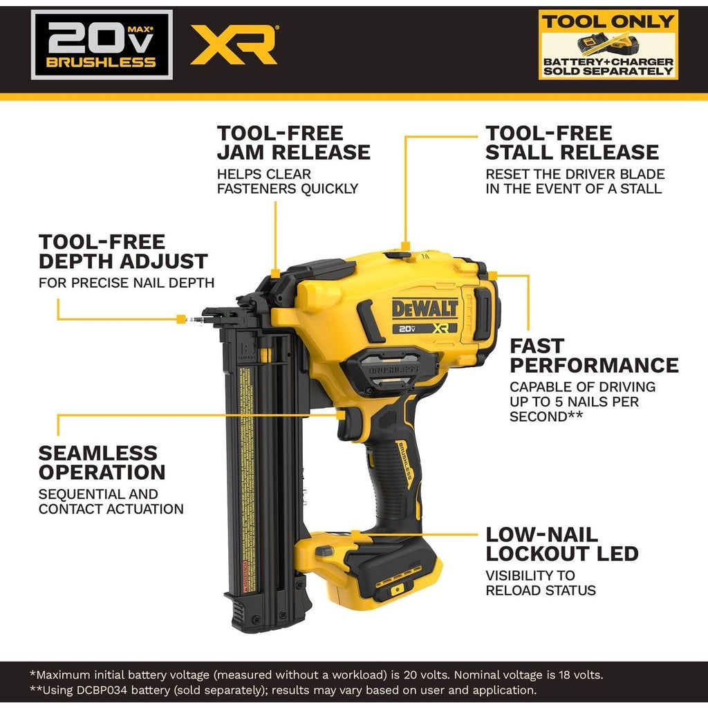 DeWALT DCN210B 20V MAX XR 18Ga Brad Nailer w/ (1) 3.5Ah POWERSTACK Battery & Charger