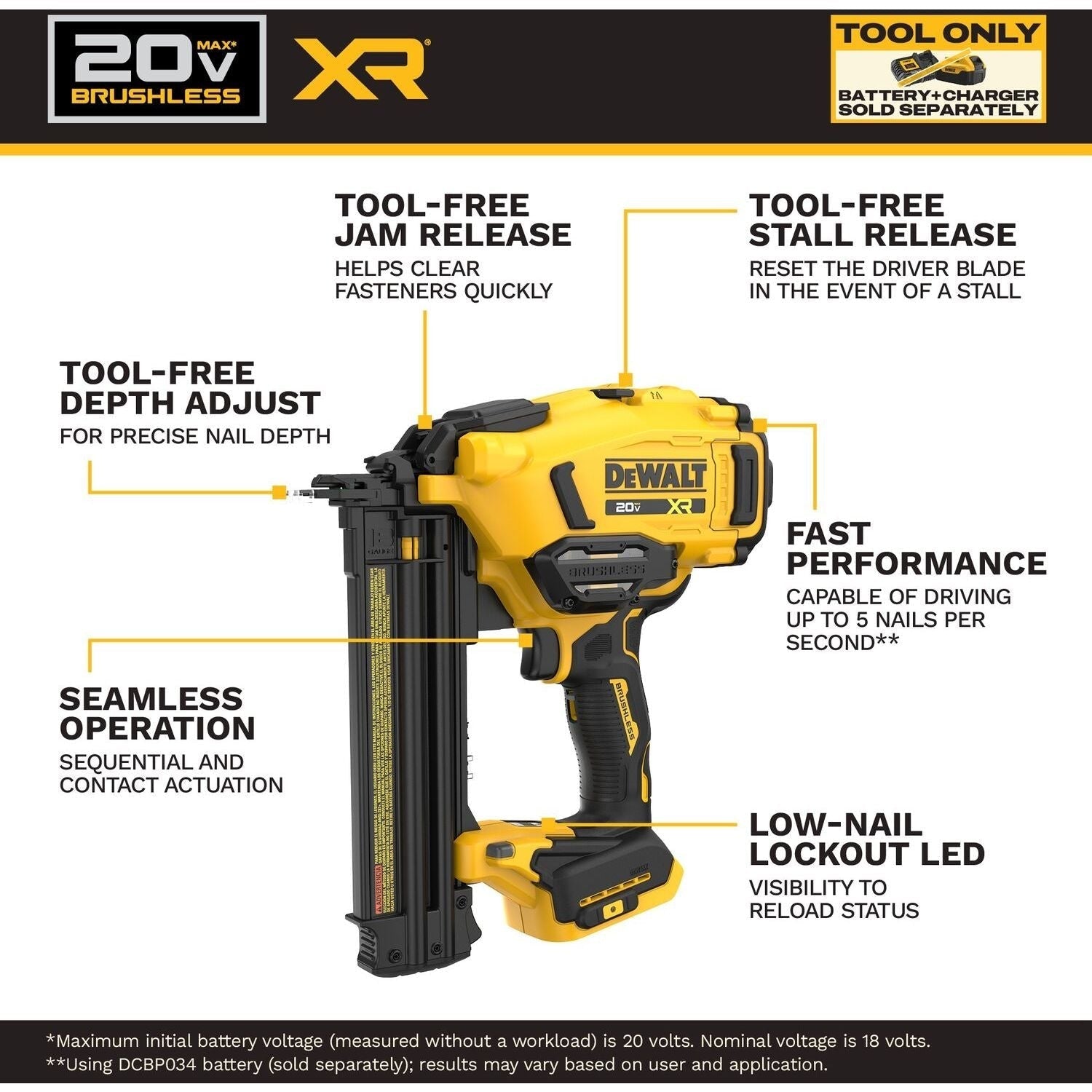 DeWALT DCN210B 20V MAX XR 18Ga Brad Nailer w/ (1) 3.5Ah POWERSTACK Battery & Charger