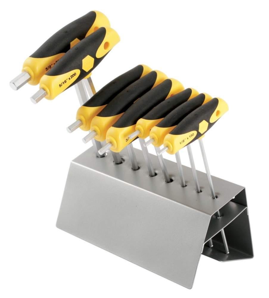 Wiha 54094 Soft Grip Dual Drive Ball End Hex T-Handle Inch Chrome Finish 8 Piece Set in Metal Stand