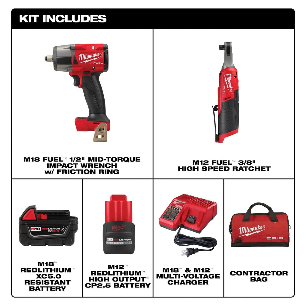 Milwaukee 3890-22 M18 FUEL Impact Wrench & M12 FUEL Ratchet 2-Tool Combo Kit